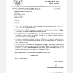 My appointment letter as a Panel Advocate for the University of Delhi. It is a privilege to represent this historic and prestigious university in the courts of law.