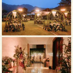 The Sangeet night from the same Dehradun wedding. This collage contrasts the daytime event with a more glamorous evening setup, featuring outdoor seating under foliage-wrapped arches and a beautifully lit entrance passage.