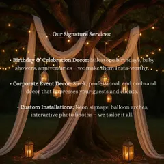 A look at our signature services. We offer everything from birthday and corporate event decor to custom installations like neon signage and interactive photo booths, all tailored to your needs.
