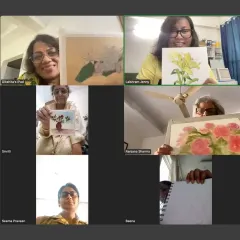 My live online classes bring together art lovers from everywhere. Here’s a happy group showing off their beautiful floral watercolor paintings from one of our recent Zoom sessions. It’s a relaxed way to learn from home.