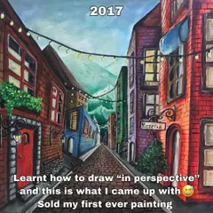 Back in 2017, I was learning how to draw in perspective and created this painting of a charming street alley. This piece is extra special because it was the first painting I ever sold, which was an incredible feeling.