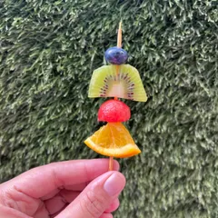 A single, vibrant fruit skewer featuring a slice of orange, watermelon, kiwi, and a blueberry. It's a burst of freshness in every single bite.