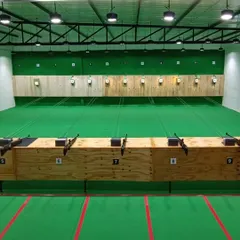 A wide view of our new 10-meter range. It's well-lit, spacious, and designed to meet professional standards for a great shooting experience.