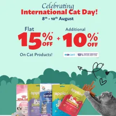Celebrating International Cat Day with a special offer: a flat 15% off plus an additional 10% off on cat products with an SBI card.