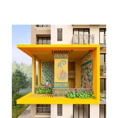This render shows how we reimagined this tradition in architecture. A double-height community space is framed in vibrant yellow, turning it into a modern canvas for art inspired by local motifs like the paisley.