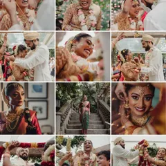 A collage of pure joy and candid moments from a South Indian wedding. From laughter during rituals to emotional hugs, this is what a wedding day is all about.
