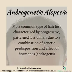 Androgenetic alopecia is the clinical term for male or female pattern hair loss. It is the most common type of hair loss I treat and is caused by a combination of genetic predisposition and the effect of hormones on hair follicles.