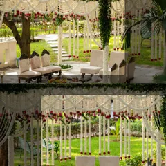 A collage showcasing the mandap design from different angles. You can see the seating arrangement for the couple and family, all framed by hanging floral strings and greenery-wrapped pillars.