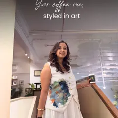 Your coffee run, styled in art. Here I am wearing the Reverie Co-ord Set, a piece crafted with my heart-first approach to design. It’s comfortable enough for a casual outing but special enough to draw compliments.