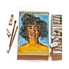 The completed gouache portrait on a sketchbook page, laid flat with the art supplies used to create it.