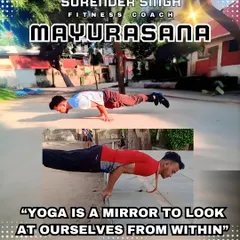 This is the Mayurasana, or Peacock Pose. It is an advanced yoga posture that strengthens the arms and shoulders, improves digestion, and detoxifies the body.