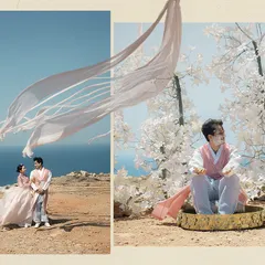 A diptych from Mia and Kavin's Vogue Singapore feature, blending a romantic couple portrait with an artistic shot of the groom, highlighting the editorial style of their Greek wedding.