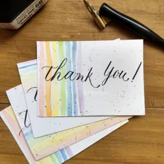 These minimalist thank you cards were created with a Pride theme, using simple watercolor stripes and classic black calligraphy. It shows how even a simple design can be personalized and meaningful. I can create custom thank you notes for any occasion, big or small.