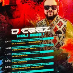 My official Holi 2025 schedule, showing back-to-back performances at amazing venues like Taj Vivanta, Forum South Mall, and Sugarfactory.