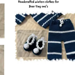 This collage highlights the handcrafted details of the winter clothes for your tiny ones, focusing on the booties and pants from our popular navy set.