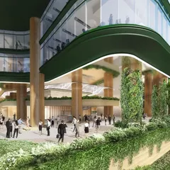 The ground-level view of the NESCO project, illustrating how the building's entrance is designed to be a bustling public space. The use of natural materials like wood and extensive vertical gardens blurs the line between indoors and outdoors.