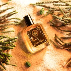 This festive flatlay for 'Winter Nights' perfume uses pine branches and a sandy texture to evoke a cozy, wintery feel. The warm, golden lighting enhances the luxurious feel of the fragrance.