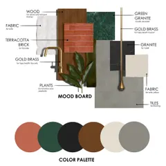 A flat lay of a material and color palette. This mood board shows our selection of terracotta brick, green and black granite, gold brass, and warm wood, which together create our signature earthy and luxurious aesthetic.