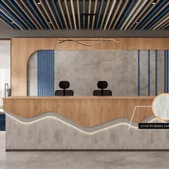 We used a unique Livid Krakato laminate from Merino to create this custom reception desk. The wavy, illuminated design element adds a creative and dynamic touch, showcasing how we use innovative materials to make a statement.