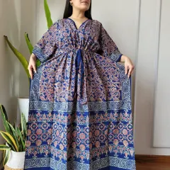 This kaftan showcases a classic indigo and rust Bagru hand-block print. Made from 100% pure cotton, it's perfect for lounging at home or as a stylish beach cover-up.