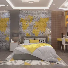 A bedroom concept featuring a world map mural on an exposed brick wall. The yellow and grey color scheme creates a trendy and adventurous vibe.