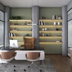 A 3D rendering for an upcoming office project. This design features industrial-chic elements like concrete pillars and fluted glass, paired with a modern desk and backlit wooden shelves.
