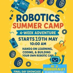 Our Robotics Summer Camp is a 4-week adventure starting May 19th. It's all about hands-on learning, coding, and building your own robotic car, with a final showcase and certificate.