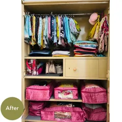 The 'after' shows how we organized the same ethnic wear. Clothes are neatly hung or folded, and special items are stored in protective bags, all visible and ready to be worn.