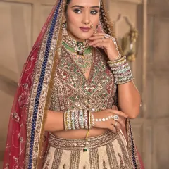 This bride is a vision in her traditional red attire. The makeup is kept classic with defined eyes and a radiant base to complement her intricate jewelry and stunning lehenga.