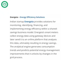 A summary from the StartUs Insights report, detailing our shared savings business model and our use of smart meters and an analytical engine to generate energy savings. This third party validation underscores our credibility.