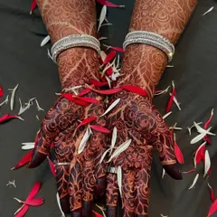 Both hands showcasing the deep, consistent color achieved with my henna. The intricate details are beautifully highlighted by the dark stain.