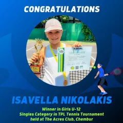 Celebrating the victory of Isavella Nikolakis, winner in the Girls U-12 Singles at the TPL Tennis Tournament. Her performance is a shining example of the champion mindset we foster.