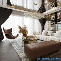A luxurious living room designed for a high-end experience, featuring a stunning crystal chandelier, a mirrored ceiling to enhance the sense of space, and a mix of leather and fabric furniture.