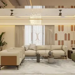 Here is a look at a spacious living room we designed, combining comfort with luxury. We used a neutral color palette with pops of olive green, a statement chandelier, and custom wall paneling to create a sophisticated yet inviting atmosphere for the family.