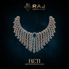This cascading necklace mounting features dozens of teardrop-shaped settings, designed to create a waterfall of brilliance. The two-tone gold structure is engineered to hold a multitude of stones, culminating in a piece of unparalleled sparkle.