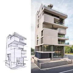 Another view of the sketch to render process for option 1, focusing on the stacked volumes.