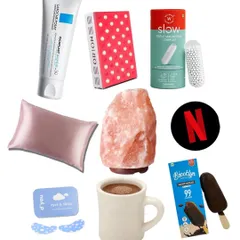 A visual starter pack for my ideal night in versus my ideal morning. A restful night for me includes things like a face mask, eye patches, a good book, and maybe some sugar-free ice cream. A productive morning involves coffee, a workout, and listening to an audiobook.