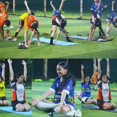 We build complete athletes. This collage shows our players practicing various yoga poses, from triangle pose to seated meditation. This is a key part of our training to enhance flexibility, prevent injuries, and build mental focus.