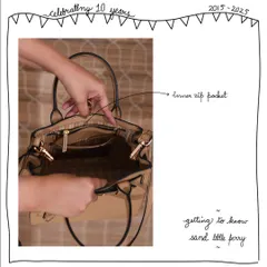 The interior of the Sand Little Perry, showing the dual zip pocket. This feature helps keep your essentials secure and easy to find within the main compartment.