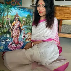 Here I am with my acrylic painting of Goddess Lakshmi, created for the festival of Kojagori Purnima. This piece is filled with traditional symbolism, from the swans to the elephant.