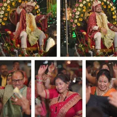 A collage showcasing the vibrant energy of an Indian wedding. From the groom's grand entrance to the family dancing with joy, I capture the full spectrum of celebration.