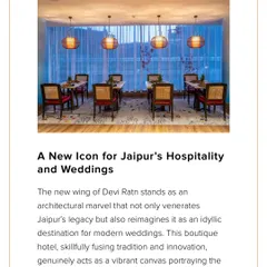Commercial Design magazine featured our Devi Ratn project, describing it as an architectural marvel that reimagines Jaipur's royal heritage for modern hospitality and weddings.