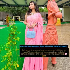 Dressing for the occasion is a power move. I always wear a saree to handloom expos because it communicates seriousness as a buyer and empowers me. This pink saree with a contrasting blue bag is a perfect example of using color to make a statement.
