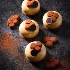 A dark and moody flat lay of several mini desserts from House of Amel. The dramatic lighting creates deep shadows that make the glossy glaze on the cakes stand out.