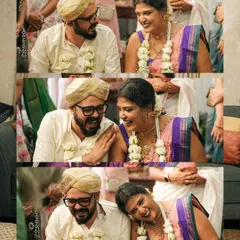 Candid moments from my wedding, filled with laughter and love. I designed all our outfits, from my custom saree blouse to my husband's and son's traditional wear, ensuring every detail was personal and perfect for our special day.