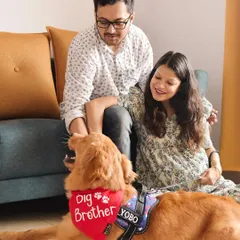 The bond between this couple and their pup was so clear to see. Yobo looks up at his dad, proudly wearing his 'Big Brother' bandana, ready for all the new adventures ahead.