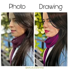 Reference versus artwork. This comparison shows how I can take a simple photo and turn it into a vibrant, detailed color portrait with a unique artistic feel.