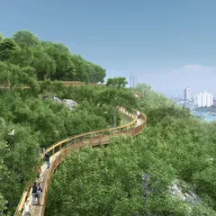 This render shows the vision for the Malabar Hill Forest Trail, winding through the lush canopy with views of the city beyond. The design provides a unique pedestrian experience, allowing people to immerse themselves in nature within the dense urban fabric of Mumbai.