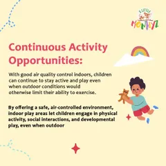 Our indoor space ensures continuous activity opportunities, even when outdoor conditions are poor. We provide a safe, air-controlled environment for physical activity, social interaction, and developmental play.