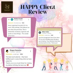 A collage of glowing reviews from our wonderful clients. We are grateful for their trust and feel proud to have delivered on our promise of creating amazing parties.